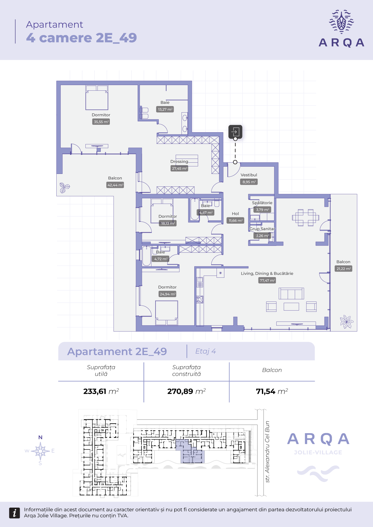 Plan penthouse în Blocul E, ARQA Jolie Village, evidențiind compartimentarea spațioasă și designul modern al locuinței.